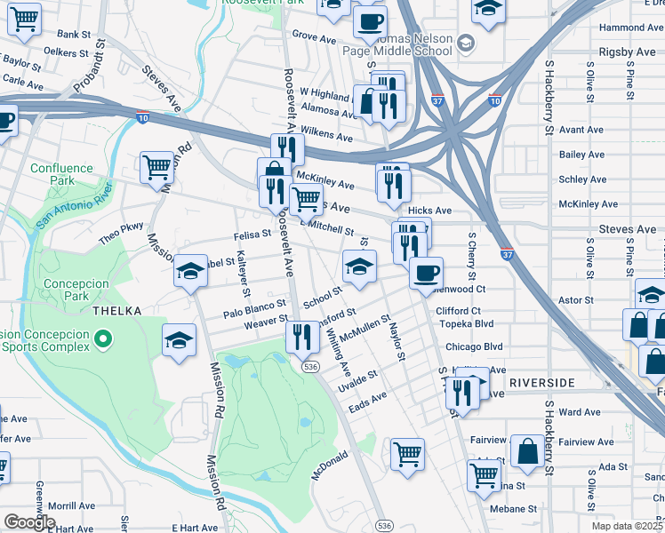 map of restaurants, bars, coffee shops, grocery stores, and more near 215 Parker Avenue in San Antonio