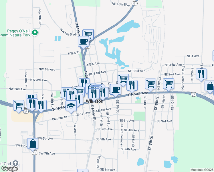 map of restaurants, bars, coffee shops, grocery stores, and more near 131 Northeast 3rd Street in Williston