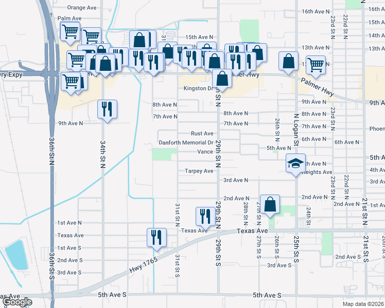 map of restaurants, bars, coffee shops, grocery stores, and more near 3009 Vance in Texas City