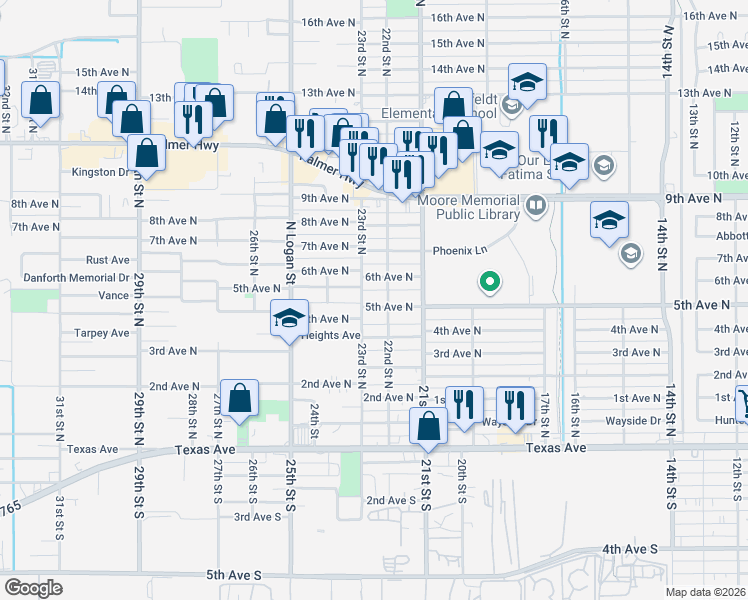 map of restaurants, bars, coffee shops, grocery stores, and more near 2218 5th Avenue North in Texas City