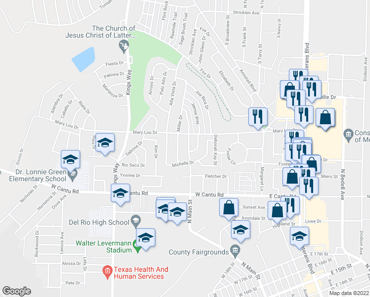 map of restaurants, bars, coffee shops, grocery stores, and more near 2410 North Main Street in Del Rio