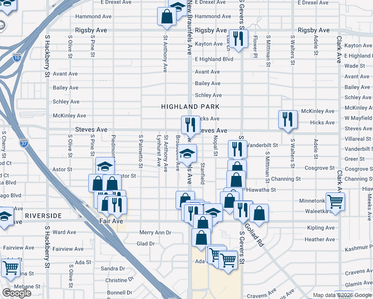 map of restaurants, bars, coffee shops, grocery stores, and more near 3001 S New Braunfels Ave in San Antonio
