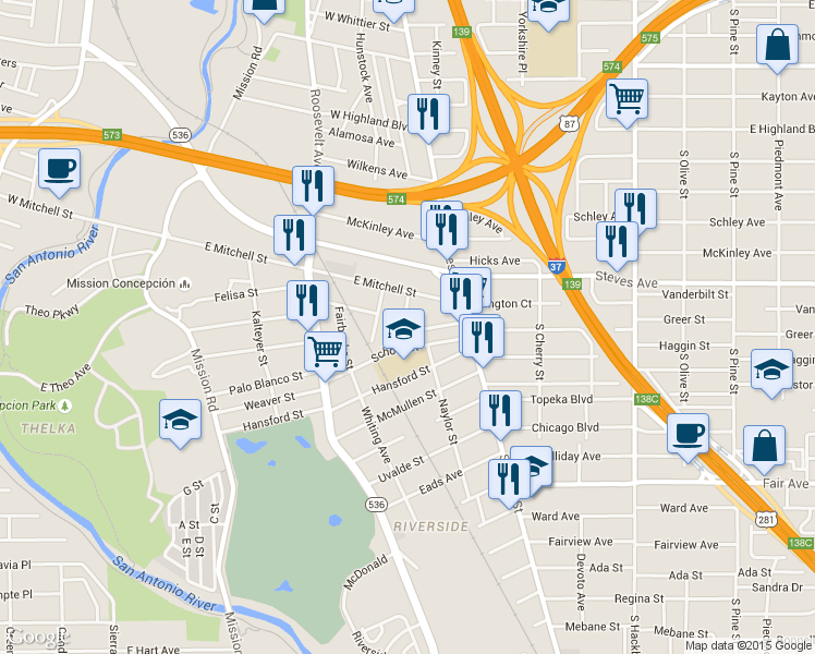 map of restaurants, bars, coffee shops, grocery stores, and more near 210 Tremlett Ave in San Antonio