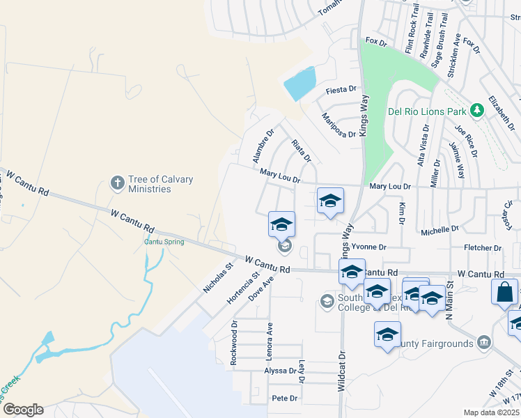 map of restaurants, bars, coffee shops, grocery stores, and more near 110 Burwood Lane in Del Rio