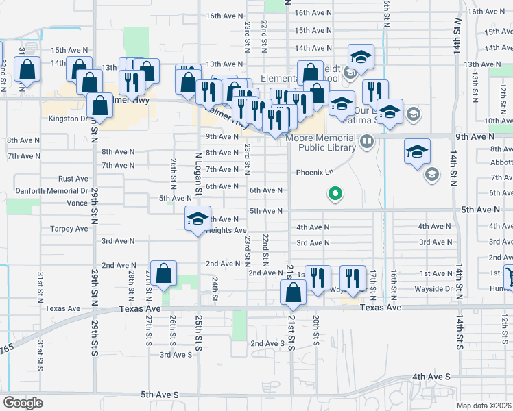 map of restaurants, bars, coffee shops, grocery stores, and more near 2218 5th Avenue North in Texas City