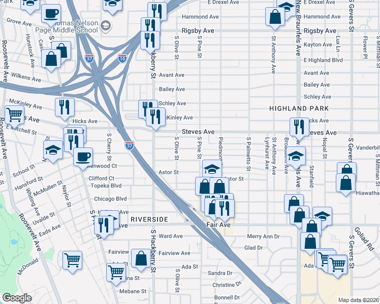 map of restaurants, bars, coffee shops, grocery stores, and more near 222 Greer Street in San Antonio