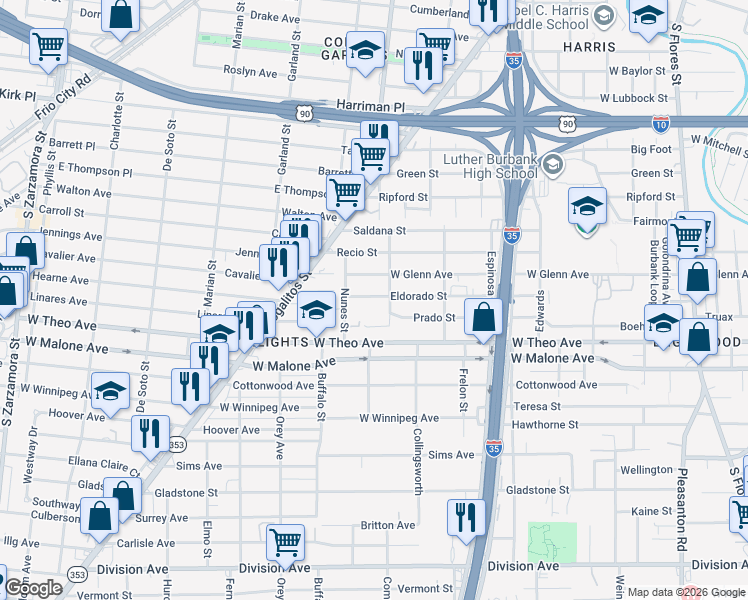map of restaurants, bars, coffee shops, grocery stores, and more near 1006 Eldorado in San Antonio
