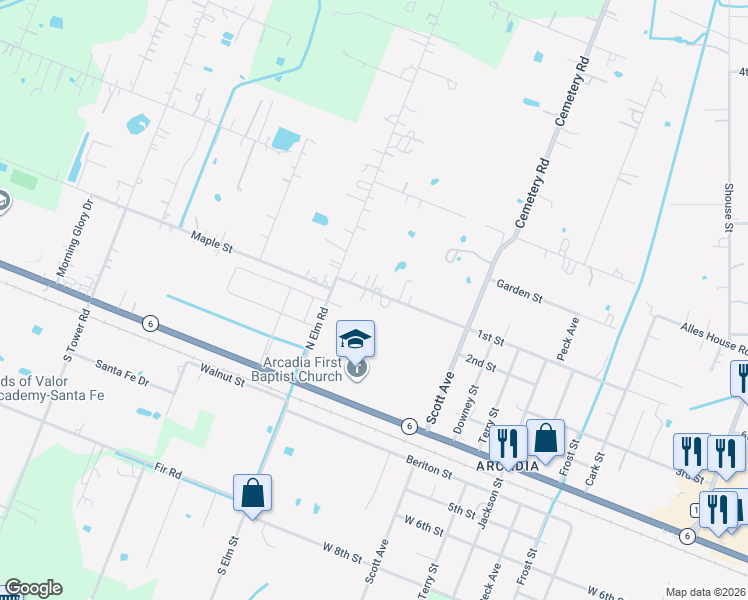 map of restaurants, bars, coffee shops, grocery stores, and more near 14915 1st Street in Santa Fe