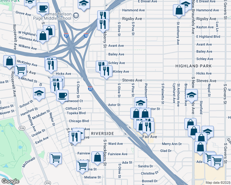 map of restaurants, bars, coffee shops, grocery stores, and more near 136 Greer Street in San Antonio