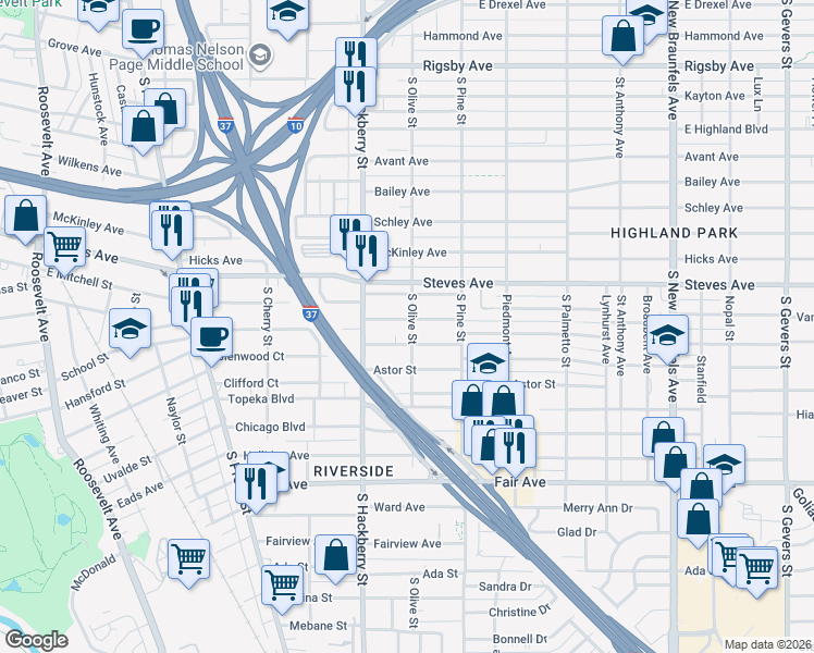 map of restaurants, bars, coffee shops, grocery stores, and more near 136 Greer Street in San Antonio