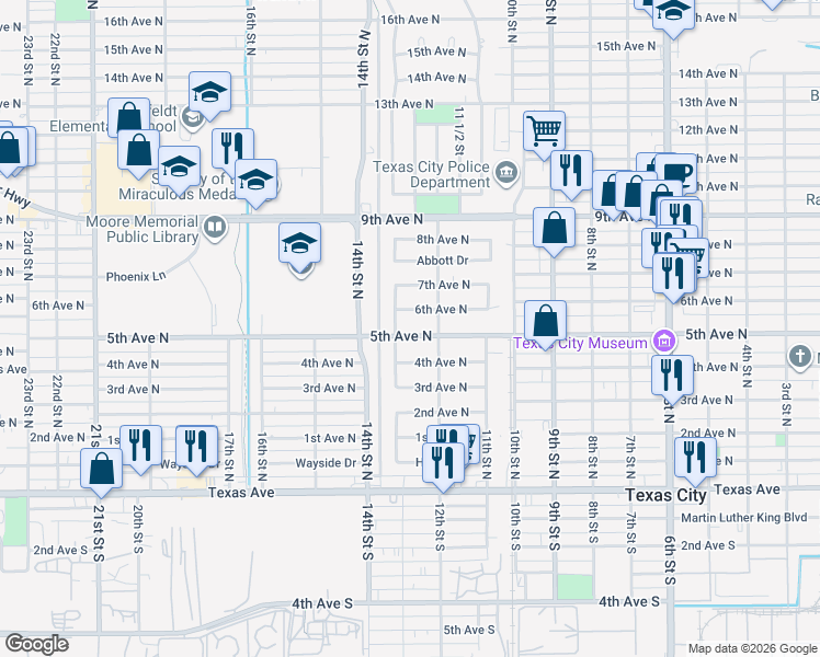 map of restaurants, bars, coffee shops, grocery stores, and more near 1228 5th Avenue North in Texas City