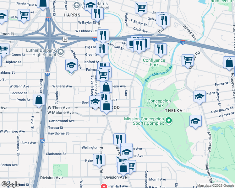map of restaurants, bars, coffee shops, grocery stores, and more near 325 Regent in San Antonio