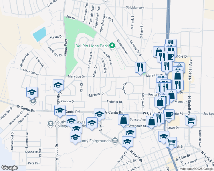 map of restaurants, bars, coffee shops, grocery stores, and more near 107 Virgie Street in Del Rio