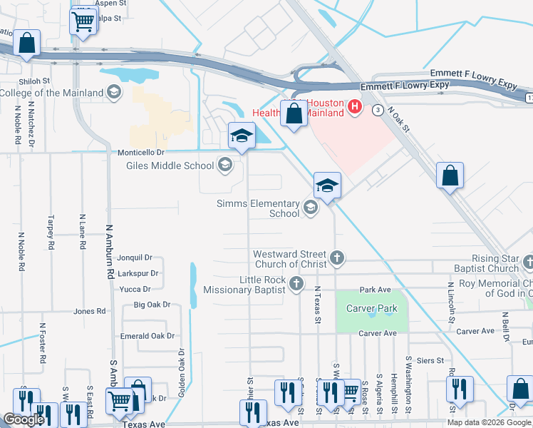 map of restaurants, bars, coffee shops, grocery stores, and more near 7222 Robin St in Texas City