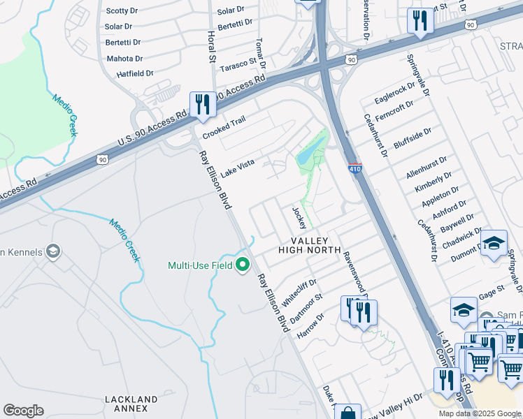map of restaurants, bars, coffee shops, grocery stores, and more near 307 English Saddle in San Antonio