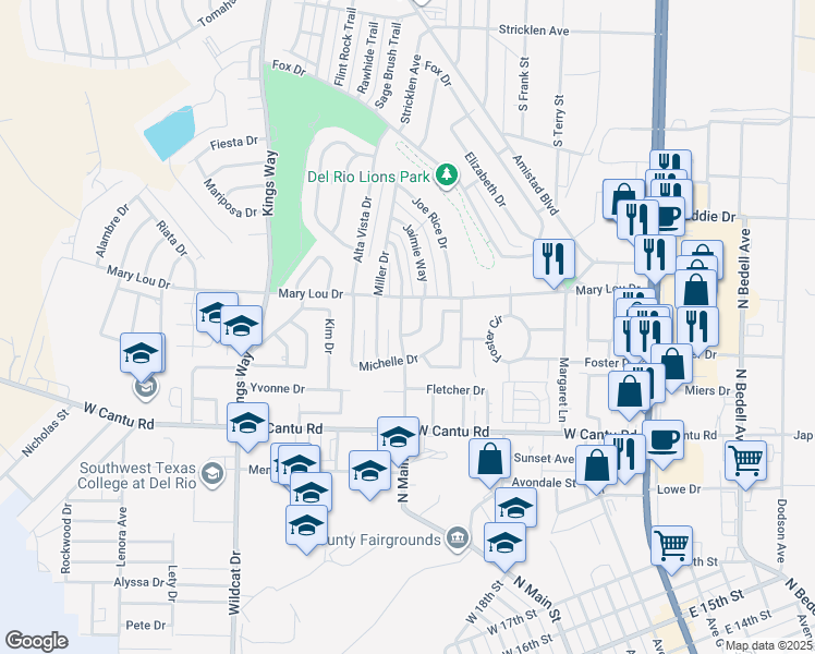 map of restaurants, bars, coffee shops, grocery stores, and more near 2410 North Main Street in Del Rio
