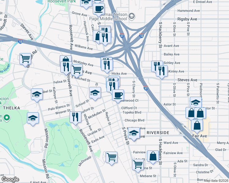 map of restaurants, bars, coffee shops, grocery stores, and more near 3322 S Presa St in San Antonio