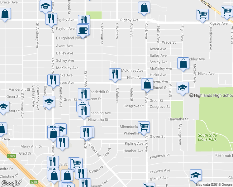 map of restaurants, bars, coffee shops, grocery stores, and more near 1250 Vanderbilt Street in San Antonio