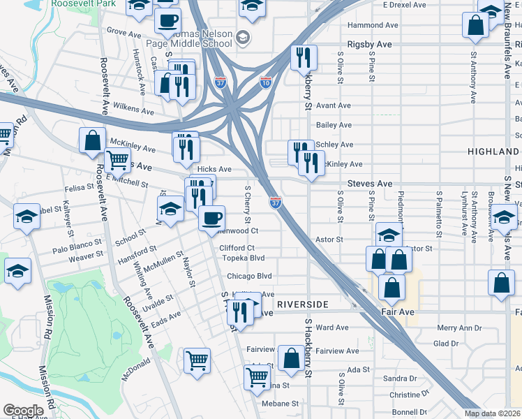map of restaurants, bars, coffee shops, grocery stores, and more near 219 Rockwood Court in San Antonio