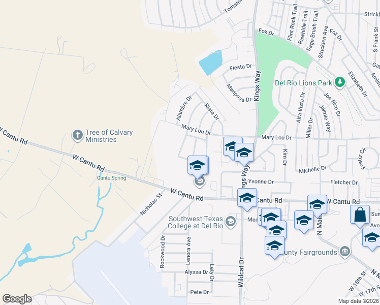 map of restaurants, bars, coffee shops, grocery stores, and more near 110 Burwood Lane in Del Rio