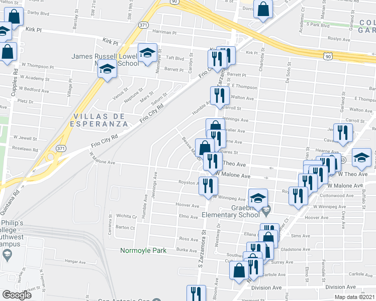map of restaurants, bars, coffee shops, grocery stores, and more near 707 Hearne Avenue in San Antonio