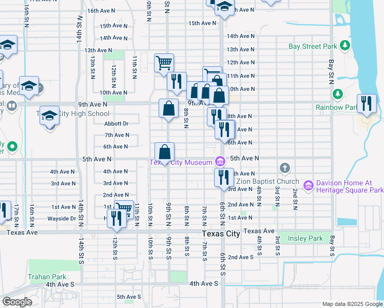 map of restaurants, bars, coffee shops, grocery stores, and more near 722 5th Avenue North in Texas City