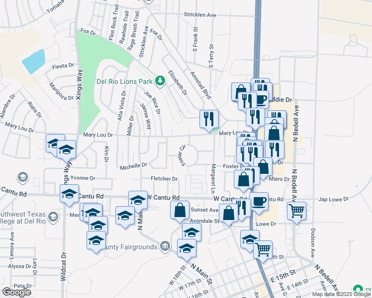 map of restaurants, bars, coffee shops, grocery stores, and more near 225-227 Foster Circle in Del Rio