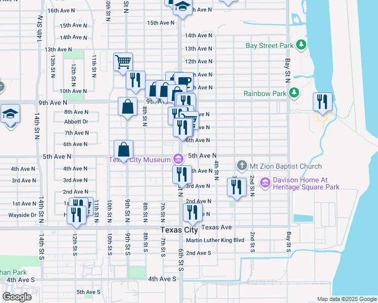 map of restaurants, bars, coffee shops, grocery stores, and more near 520 5th Avenue North in Texas City