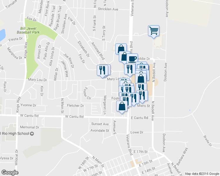map of restaurants, bars, coffee shops, grocery stores, and more near 114 Catherine St in Del Rio