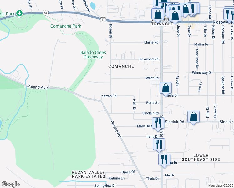 map of restaurants, bars, coffee shops, grocery stores, and more near 4223 Terron Road in San Antonio