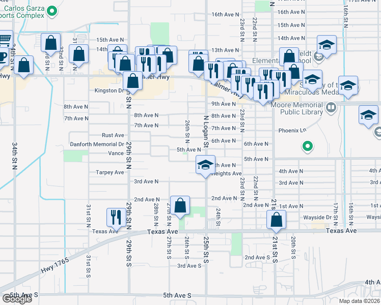 map of restaurants, bars, coffee shops, grocery stores, and more near 2533 5th Avenue North in Texas City