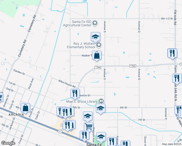 map of restaurants, bars, coffee shops, grocery stores, and more near 13449 Farm to Market Road 1764 in Santa Fe