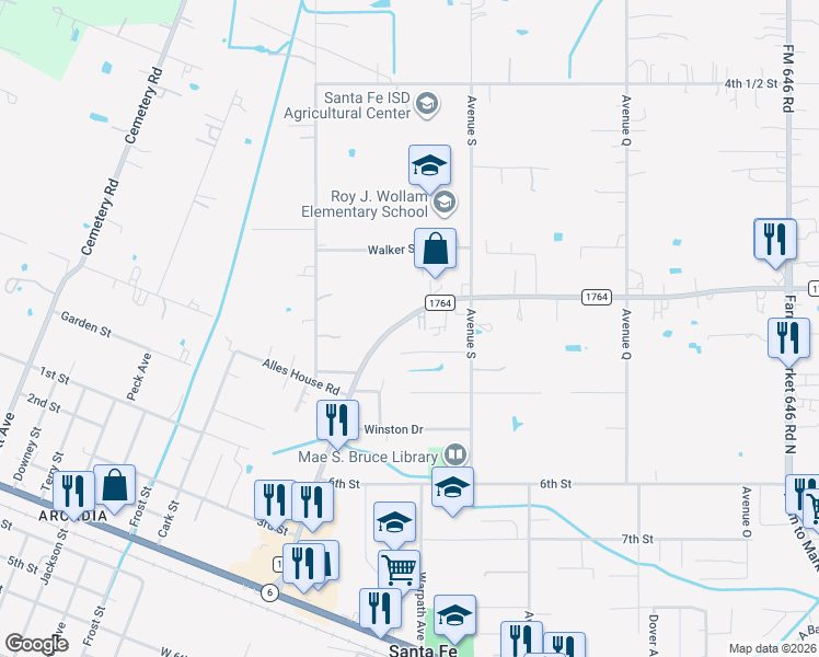 map of restaurants, bars, coffee shops, grocery stores, and more near 13449 Farm to Market Road 1764 in Santa Fe