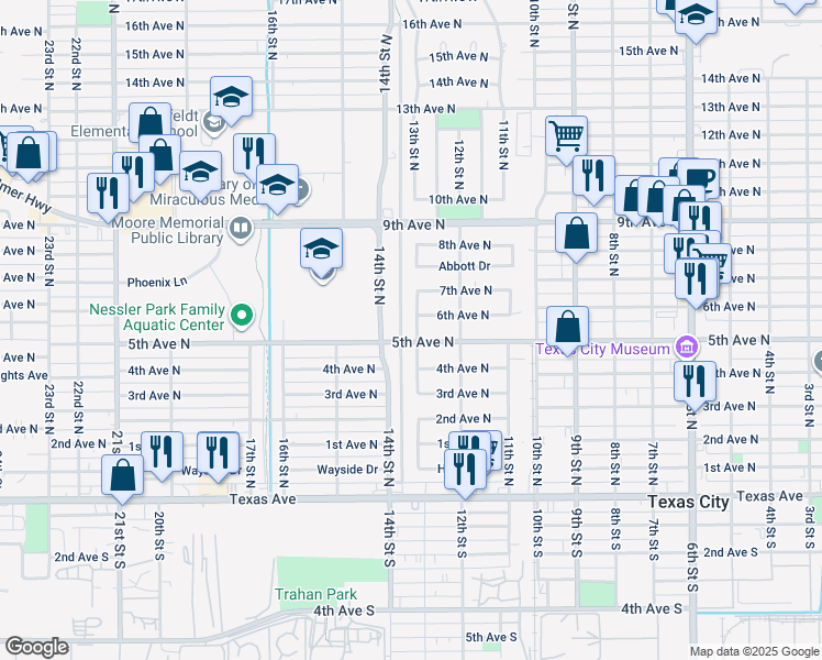map of restaurants, bars, coffee shops, grocery stores, and more near 505 13th St N in Texas City