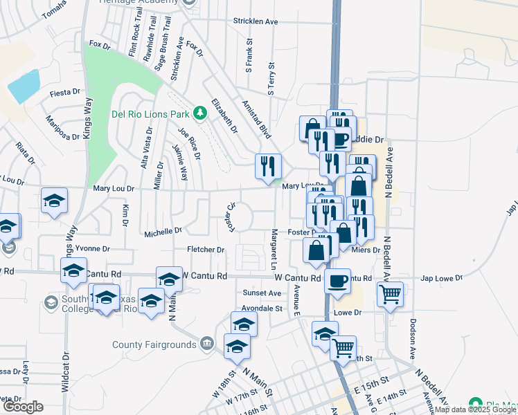 map of restaurants, bars, coffee shops, grocery stores, and more near 207 Betty Lou Drive in Del Rio