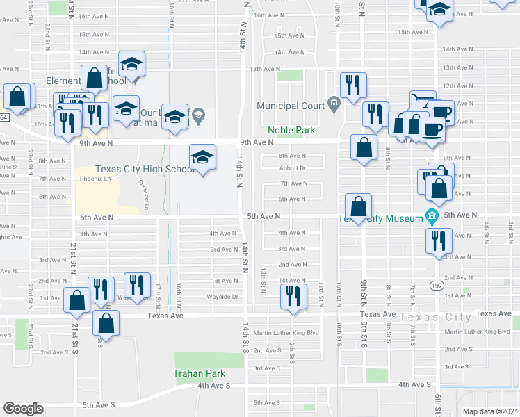 map of restaurants, bars, coffee shops, grocery stores, and more near 1318 5th Avenue North in Texas City