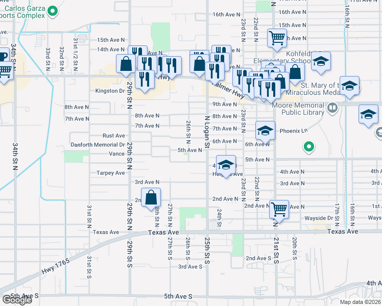 map of restaurants, bars, coffee shops, grocery stores, and more near 2533 5th Avenue North in Texas City