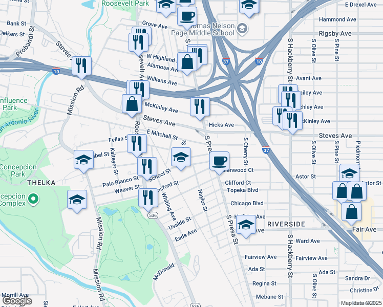 map of restaurants, bars, coffee shops, grocery stores, and more near 210 Tremlett Avenue in San Antonio