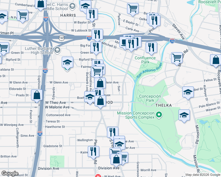 map of restaurants, bars, coffee shops, grocery stores, and more near 325 Regent in San Antonio