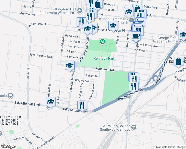 map of restaurants, bars, coffee shops, grocery stores, and more near 130 Ballard Drive in San Antonio