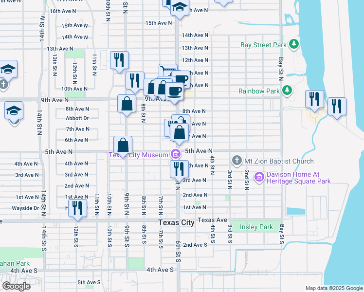 map of restaurants, bars, coffee shops, grocery stores, and more near 520 5th Avenue North in Texas City