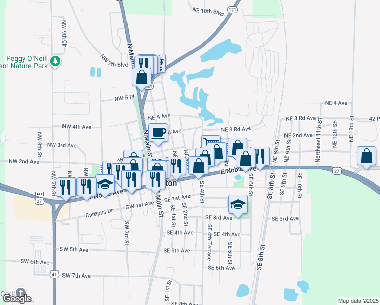 map of restaurants, bars, coffee shops, grocery stores, and more near 131 Northeast 3rd Street in Williston