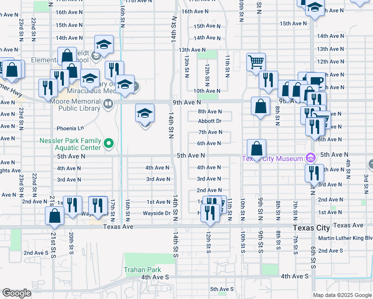 map of restaurants, bars, coffee shops, grocery stores, and more near 507 13th Street North in Texas City