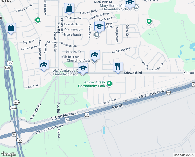 map of restaurants, bars, coffee shops, grocery stores, and more near 9947 Tampke Falls in San Antonio