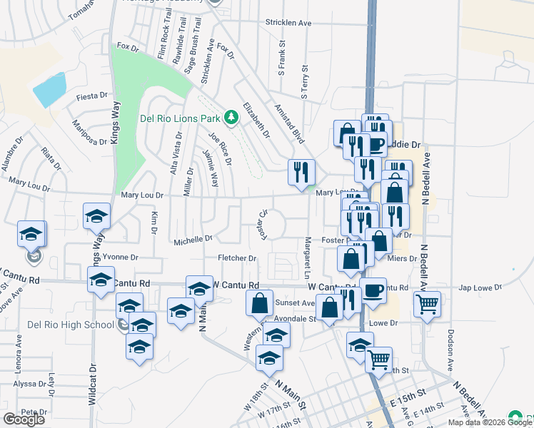 map of restaurants, bars, coffee shops, grocery stores, and more near 225-227 Foster Circle in Del Rio