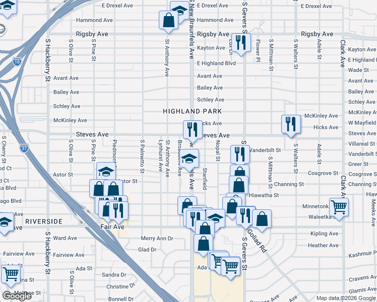 map of restaurants, bars, coffee shops, grocery stores, and more near 3001 South New Braunfels Avenue in San Antonio