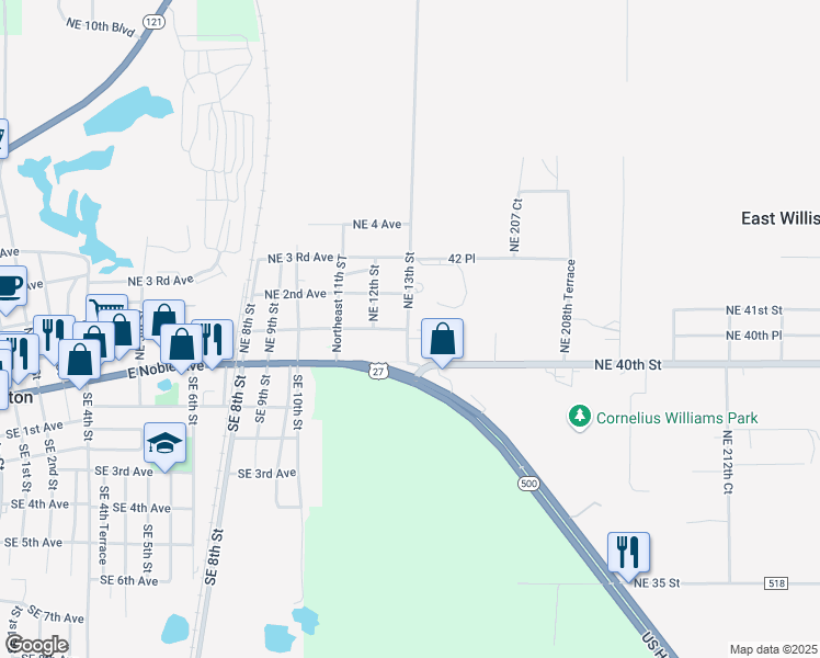 map of restaurants, bars, coffee shops, grocery stores, and more near 4011 Northeast 205th Avenue in Williston