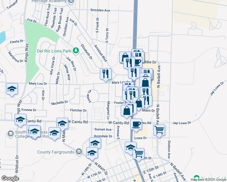 map of restaurants, bars, coffee shops, grocery stores, and more near 114 Catherine Street in Del Rio