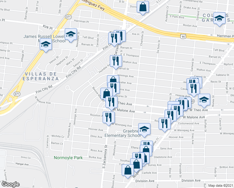 map of restaurants, bars, coffee shops, grocery stores, and more near 462 Linares Street in San Antonio