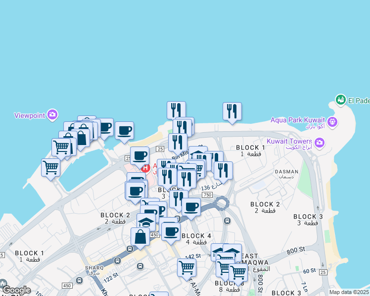 map of restaurants, bars, coffee shops, grocery stores, and more near Arabian Gulf Street in Kuwait City